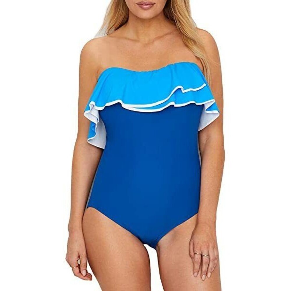 Contours Coco Reef  Agate Ruffle Bandeau Swimsuit sz 12 / 36D Cadet Blue